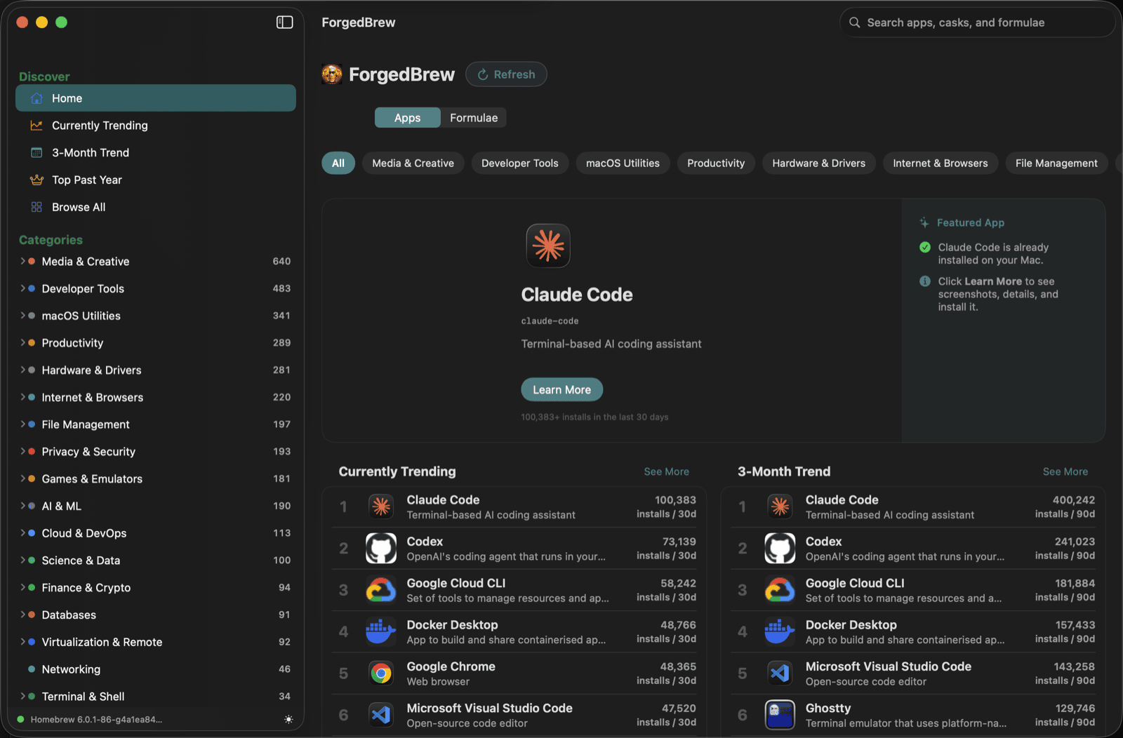 ForgedBrew — Home screen showing discover, trending apps, and category browsing