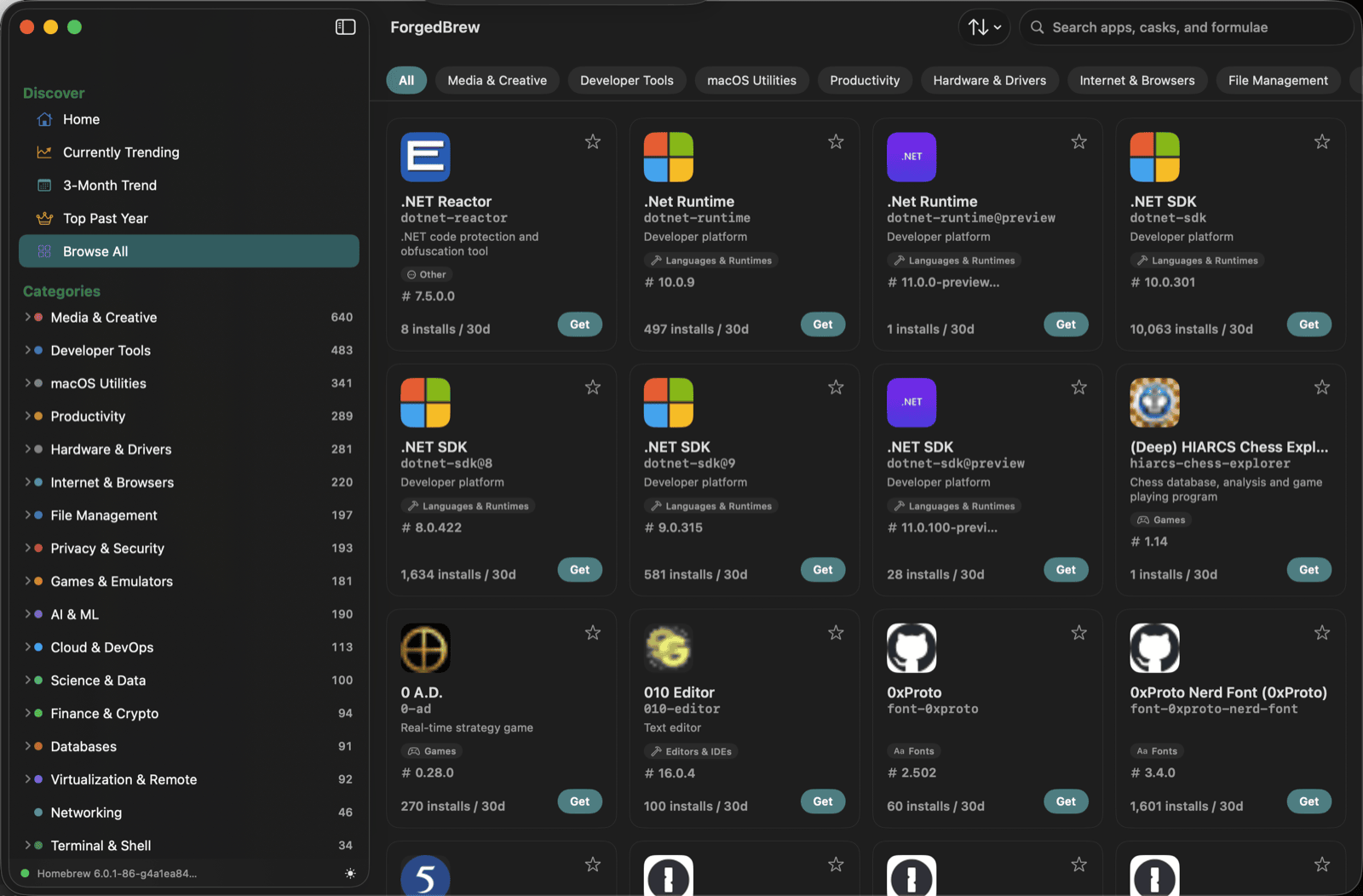 Browse All — full Homebrew catalog grid with app icons, install counts, and categories