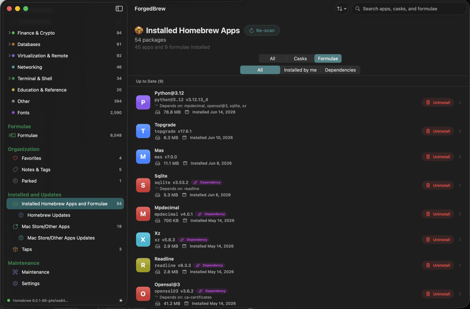 Installed apps and formulae — everything Homebrew manages on your Mac