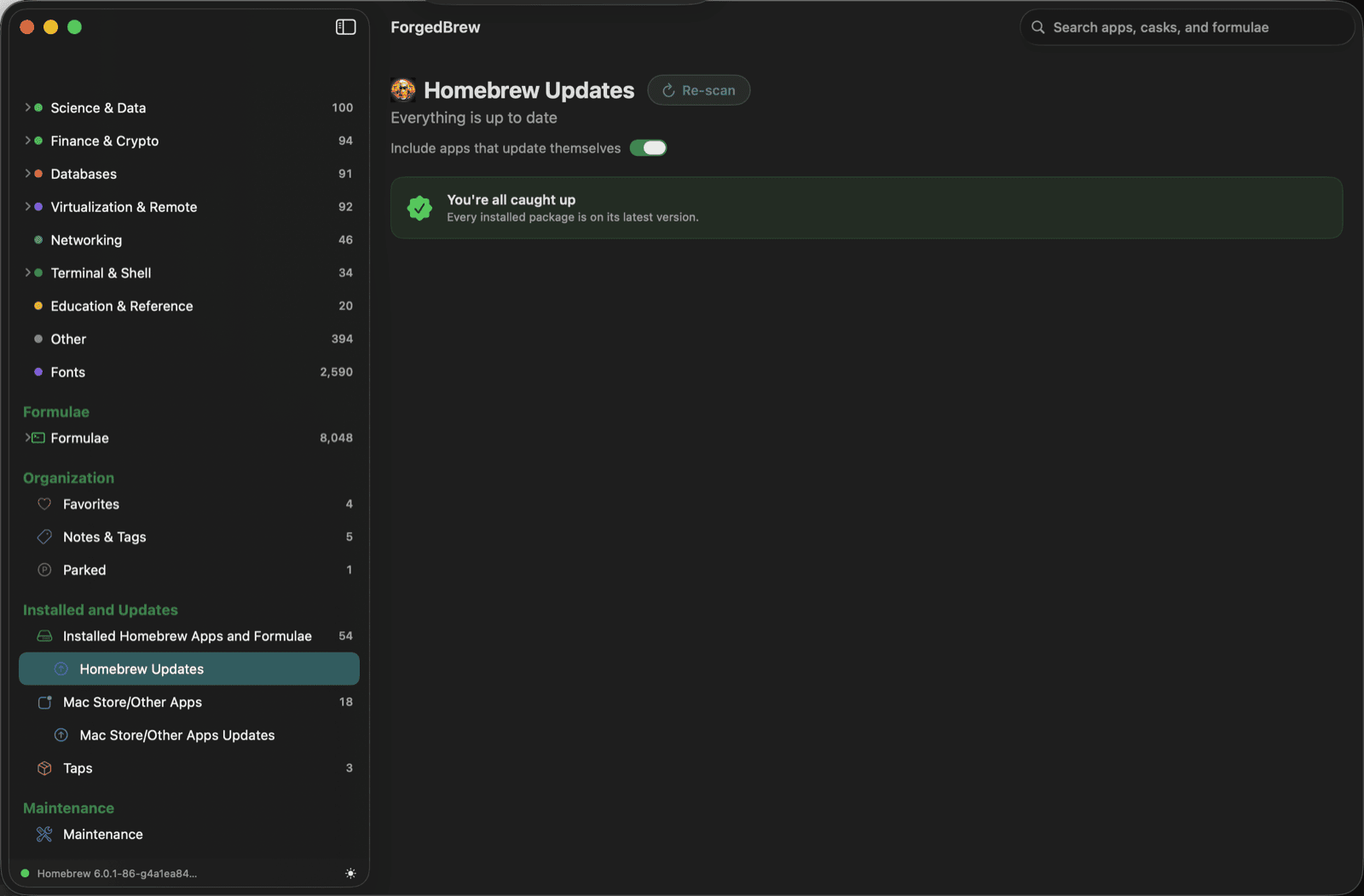 Homebrew updates screen — apply updates individually or all at once