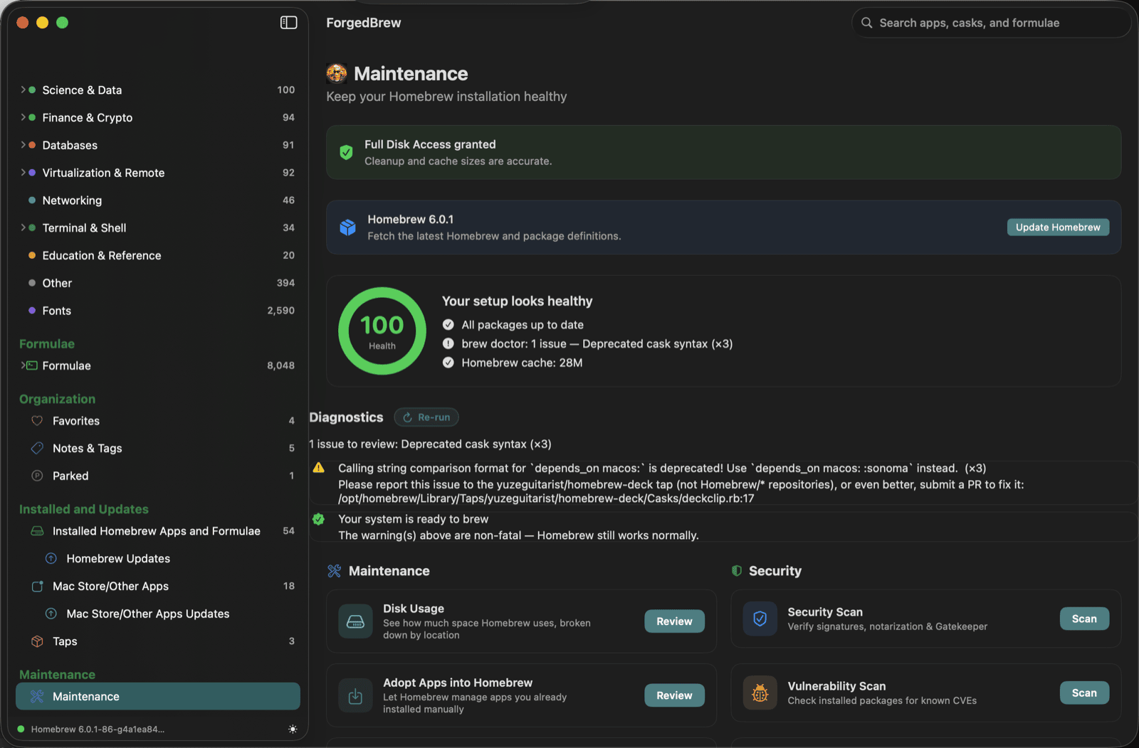 Maintenance and security tools — health checks, cleanup, and diagnostics