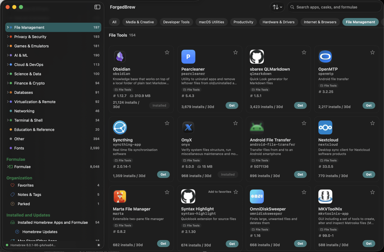 Category browsing — File Management category showing 154 apps with sort and filter options