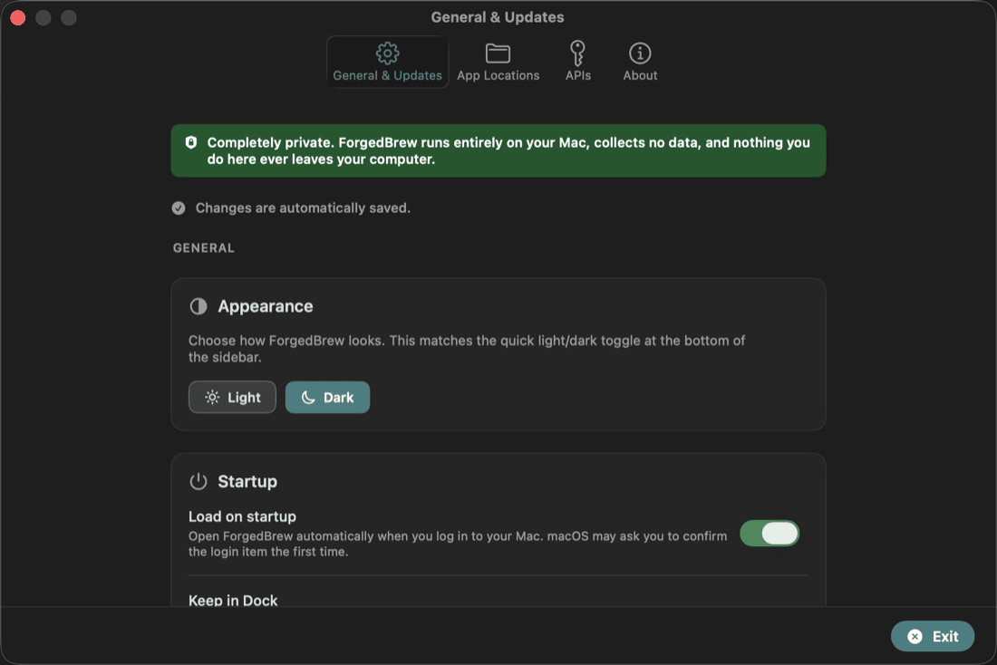 Settings — appearance, startup, and update preferences