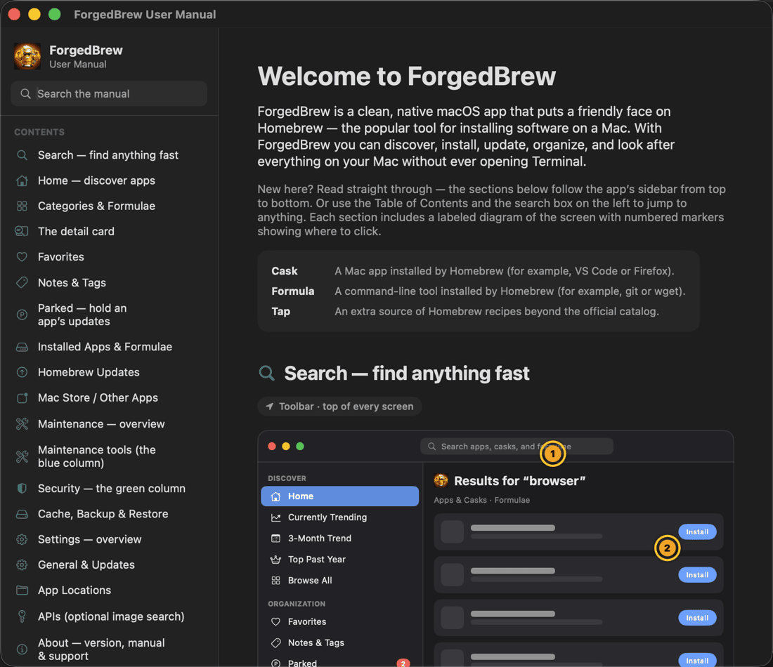 Built-in User Manual — searchable guide with annotated wireframes of every screen