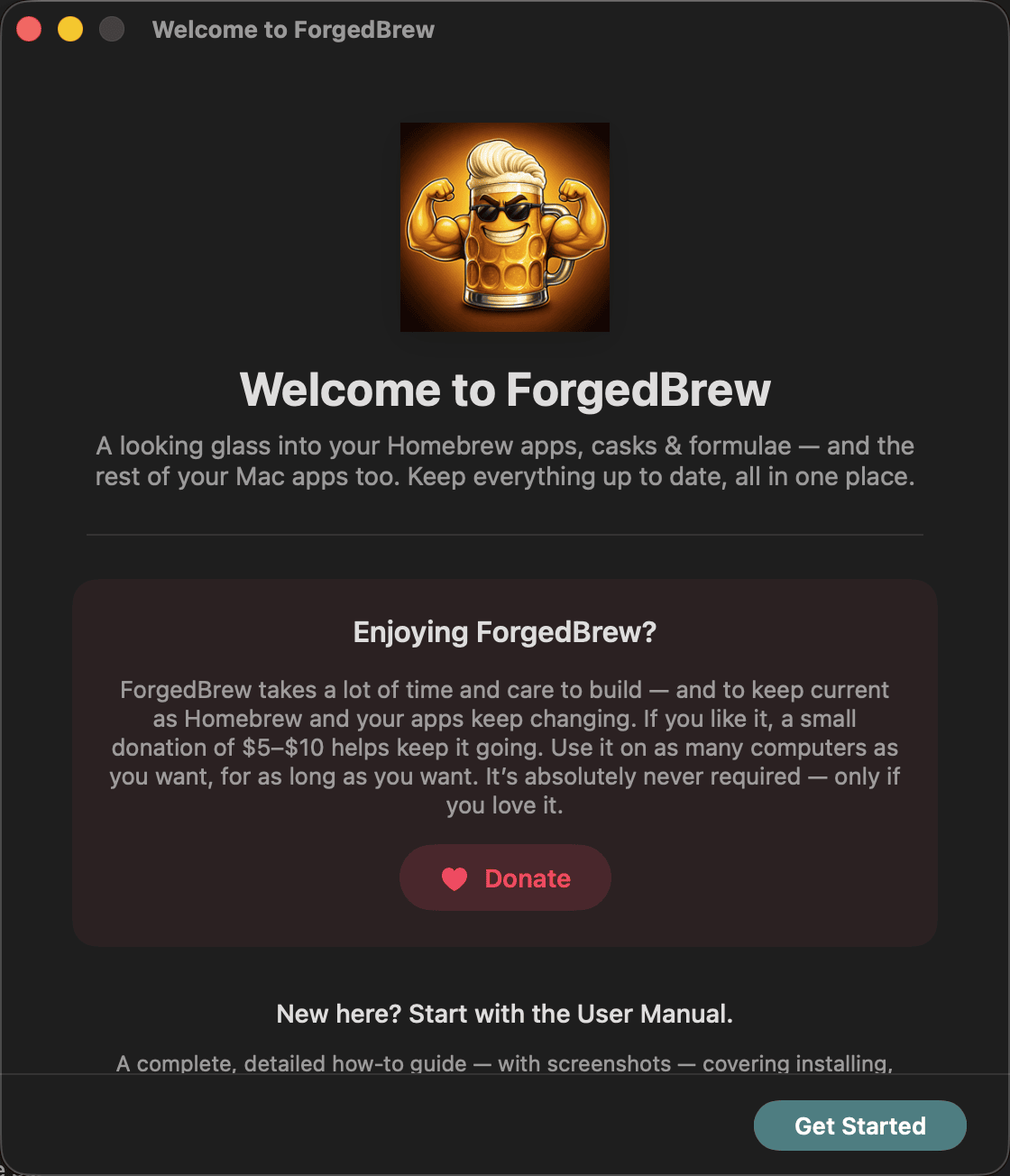 Welcome screen — first-run onboarding with the ForgedBrew mascot